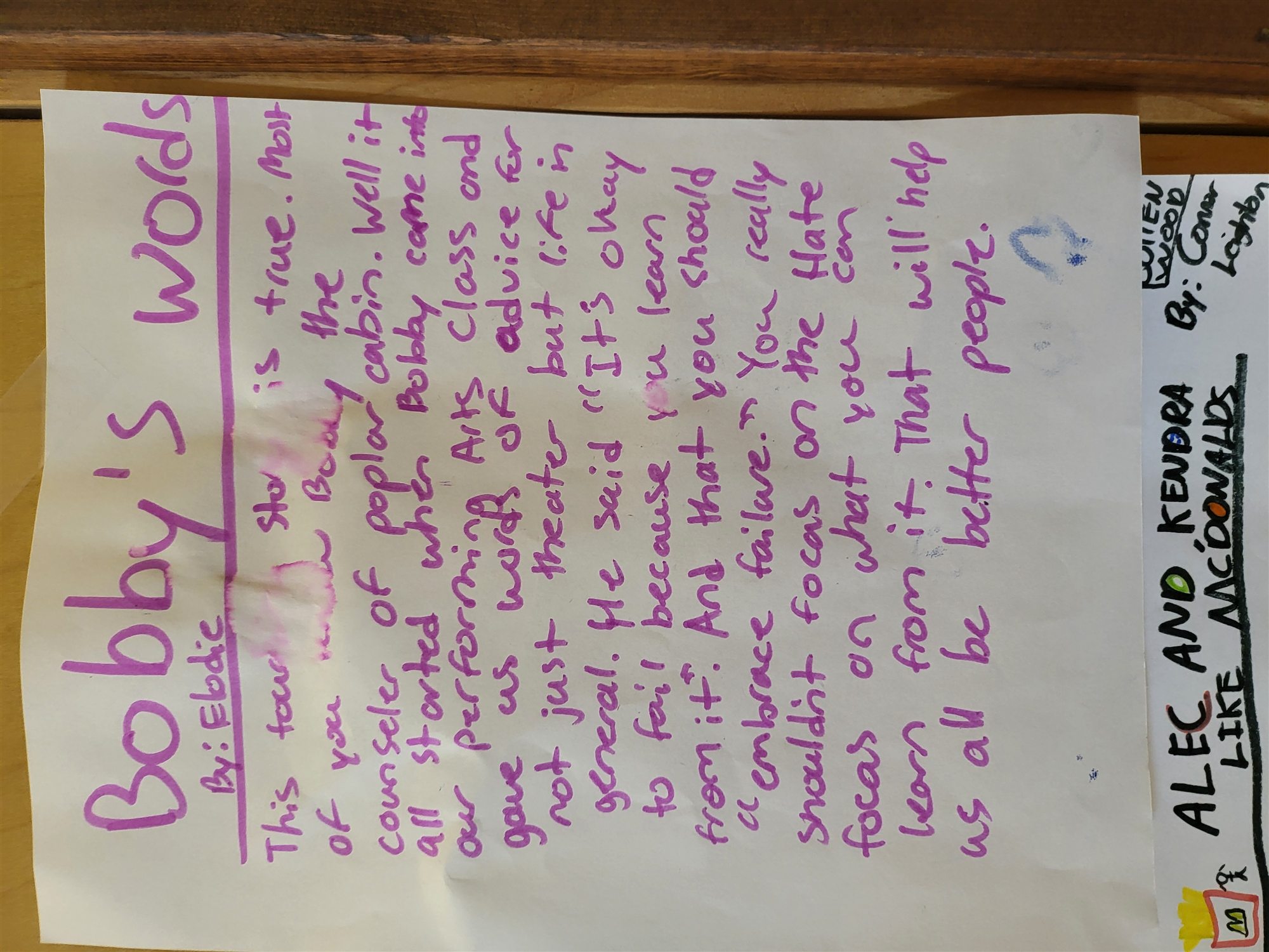 A handwritten camp reflection titled Bobby's Words